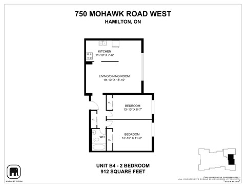 A floor plan for a 2 bedroom apartment at 750 Mohawk Road West, Hamilton, Ontario.